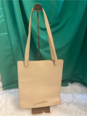 Vintage Chanel Beige Caviar Skin Slim Shopping Tote Bag - Card Included!- GHW